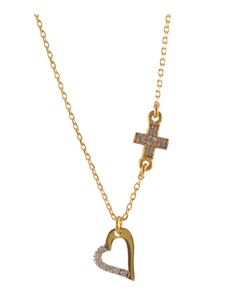 Κολιέ σταυρό με καρδιά από επιχρυσωμένο ασήμι με πέτρες ζιργκόν