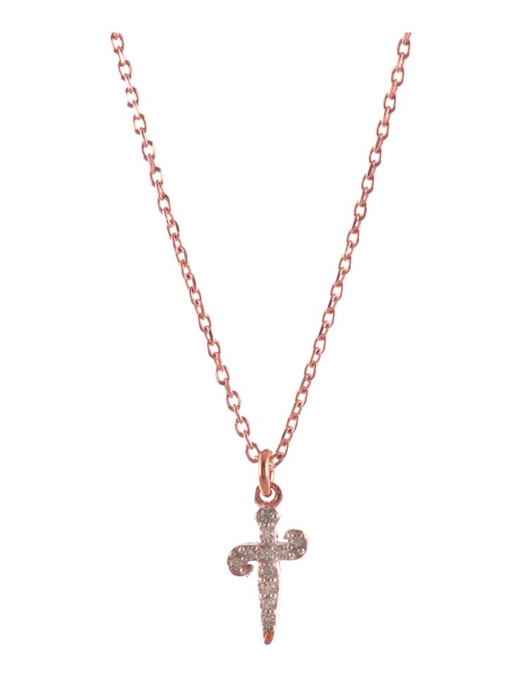 Κολιέ με σταυρό από ρόζ επιχρυσωμένο ασήμι με πέτρες ζιργκόν