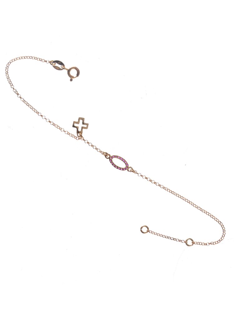 Βραχιόλι από ρόζ επιχρυσωμένο ασήμι με κύκλο και σταυρό και με πέτρες ζιργκόν