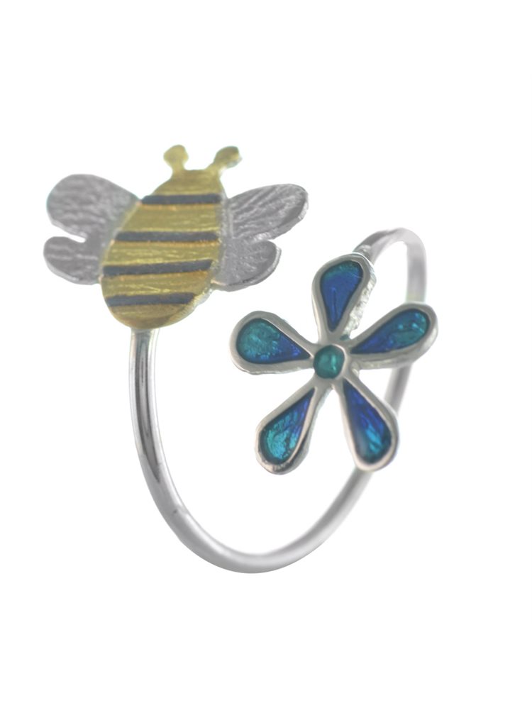 Χειροποίητο δαχτυλίδι μέλισσα σε λουλούδι από ασήμι