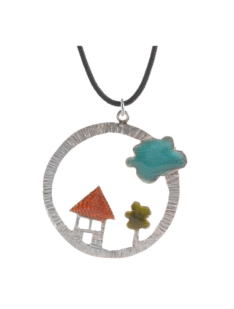 Κολέ χειροποίητο σπίτι στο δάσος από ασήμι με σμάλτο και αυξομειώμενο κορδόνι