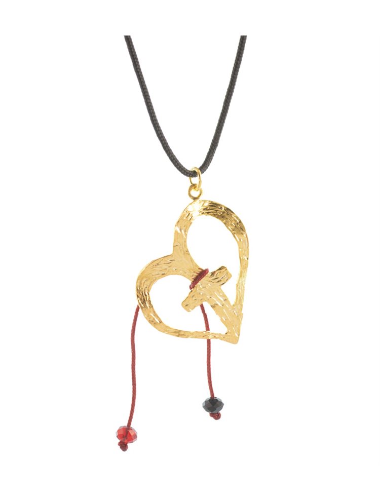 Χειροποίητο κολιέ καρδιά με σταυρό από επιχρυσωμένο ασήμι και αυξομειώμενο κορδόνι