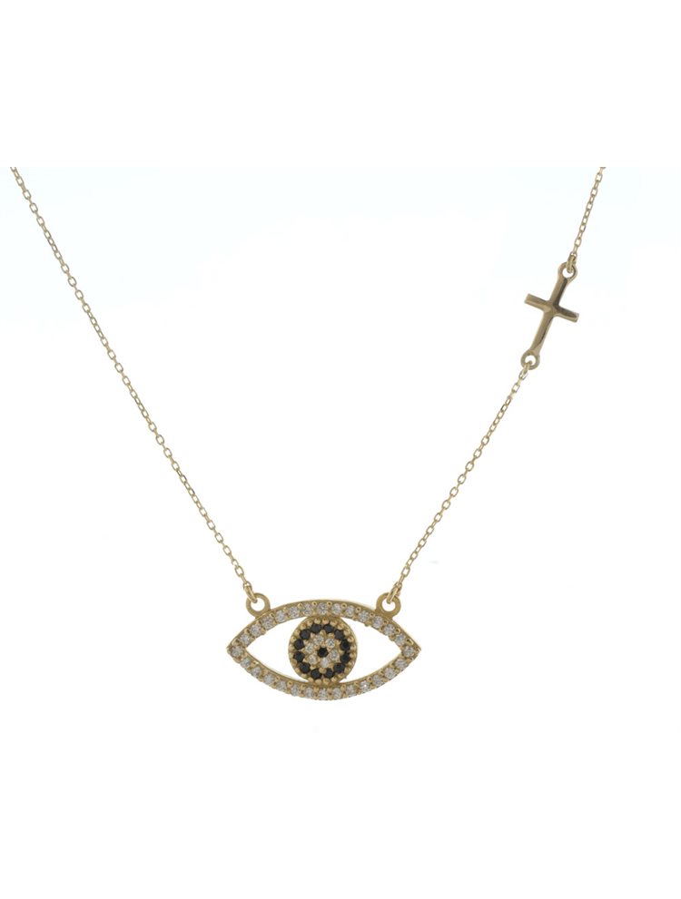 Κολιέ μάτι από επιχρυσωμένο ασήμι με πέτρες ζιργκόν και σταυρό στο πλάι