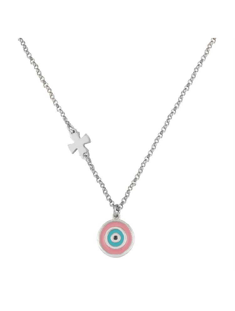 Παιδικό κολιέ από ασήμι με στοιχείο ματάκι με σταυρουδάκι από ασήμι με σμάλτο