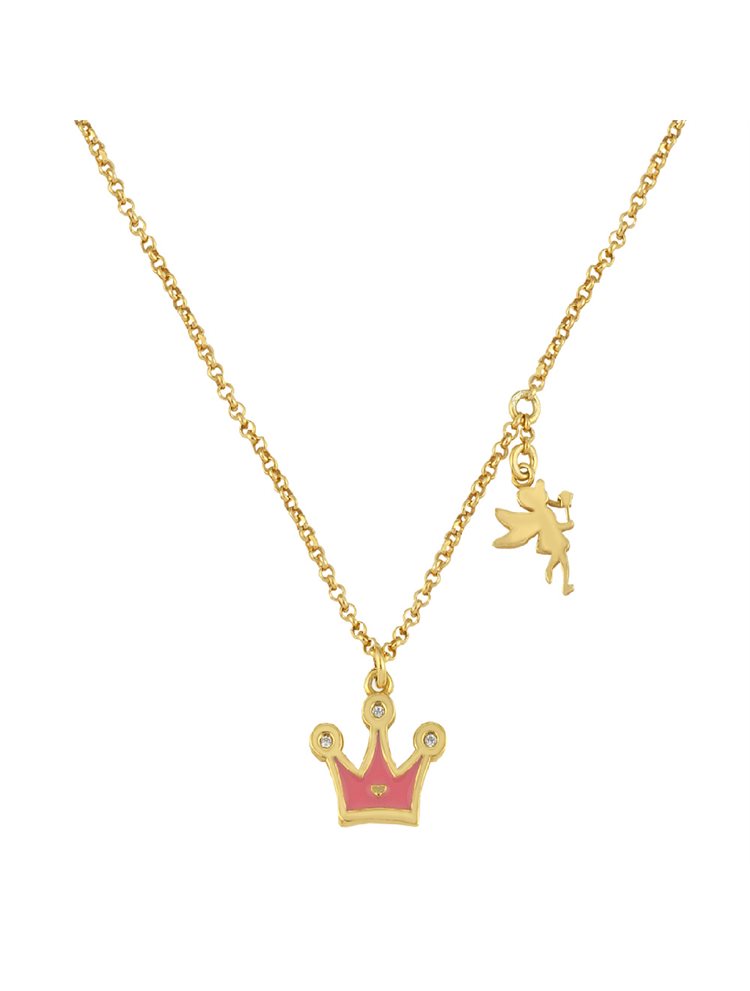 Παιδικό κολιέ από επιχρυσωμένο ασήμι με στοιχείο κορώνα και λιβελούλα από ασήμι με σμάλτο