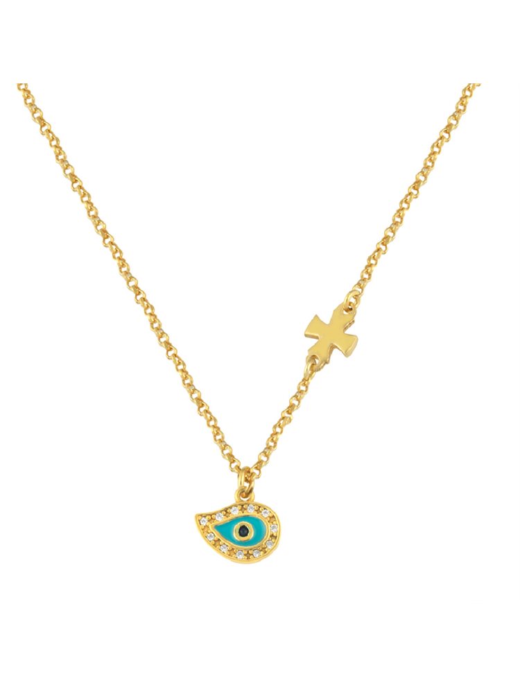 Παιδικό κολιέ από επιχρυσωμένο ασήμι με στοιχείο ματάκι και σταυρουδάκι από ασήμι με σμάλτο