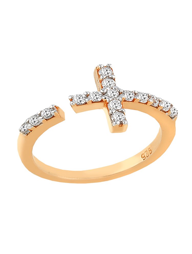 Δαχτυλίδι από ρόζ επιχρυσωμένο ασήμι με σταυρό και με πέτρες ζιργκόν
