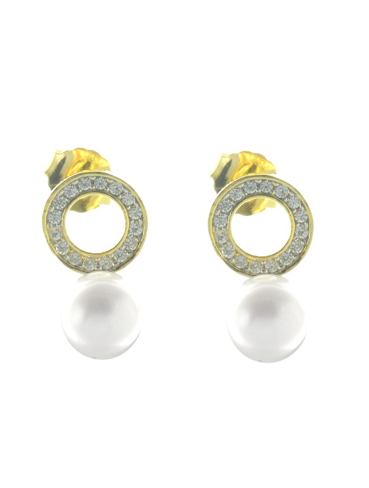 Εντυπωσιακό ζευγάρι σκουλαρίκια επιχρυσωμένο ασήμι με πέρλα και πέτρες ζιργκόν