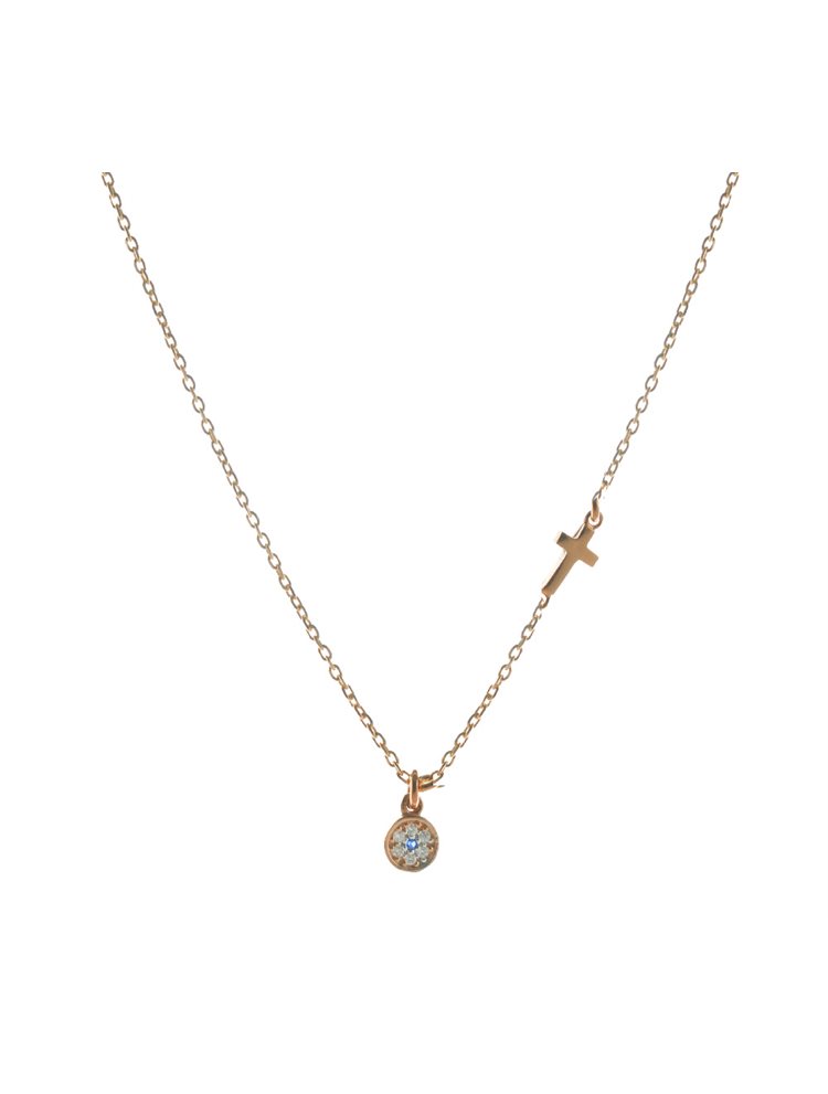 Κολιέ διακριτικό με ματάκι και σταυρουδάκι από ρόζ επιχρυσωμένο ασήμι με πέτρες ζιργκόν