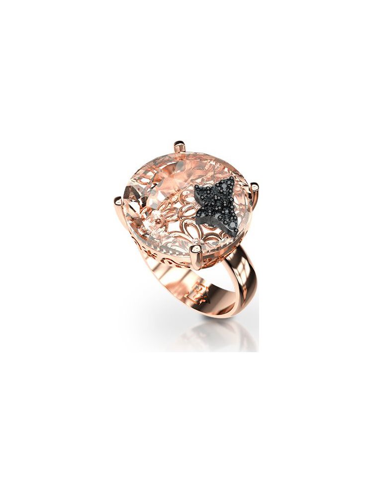 Δαχτυλίδι με πέτρα EUROPEAN CRYSTALS και με πεταλούδα πάνω στην πέτρα από ρόζ επιχρυσωμένο ασήμι