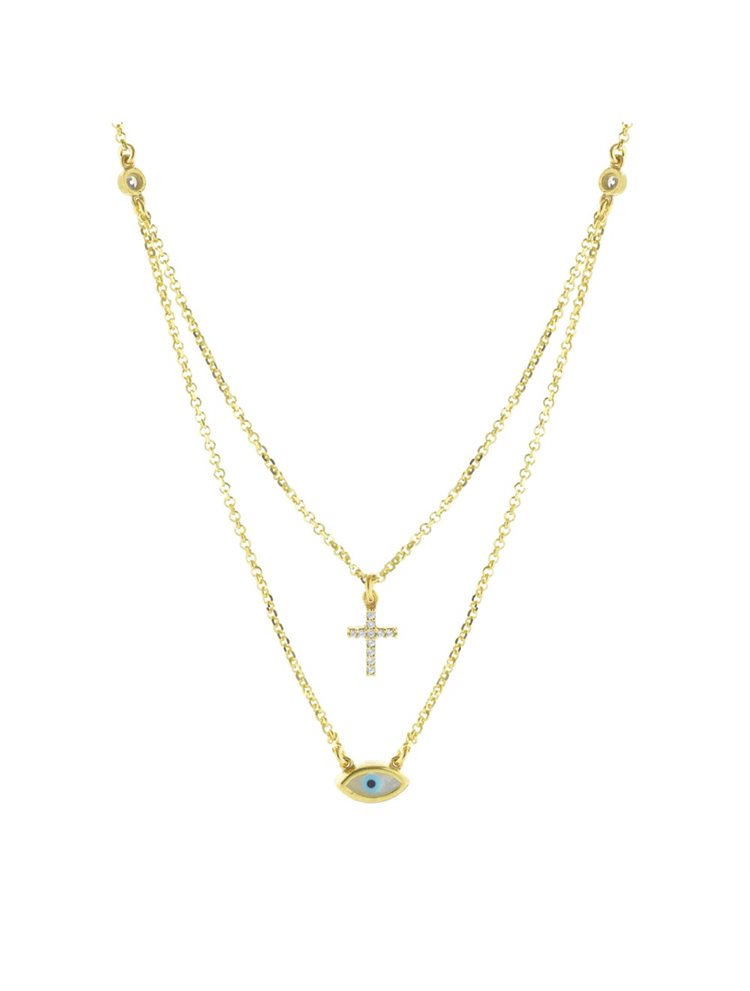 Κολιέ διπλό με μάτι και σταυρό από επιχρυσωμένο ασήμι