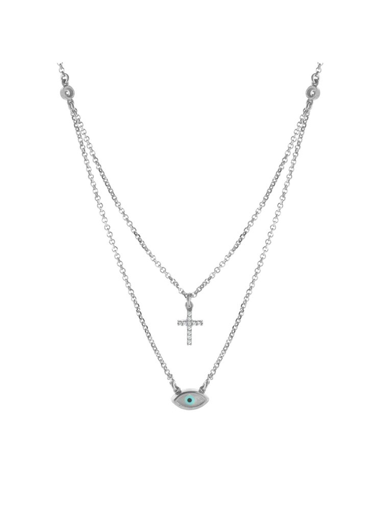 Κολιέ διπλό με μάτι και σταυρό από ασήμι
