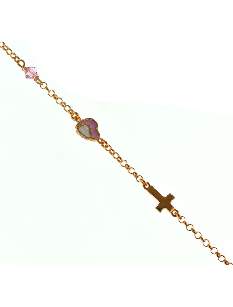 Παιδικό βραχιόλι από ρόζ επιχρυσωμένο ασήμι με καρδιά και σταυρό