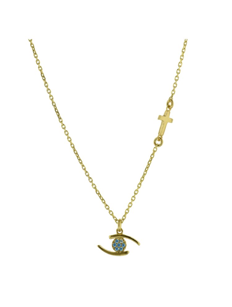 Κολιέ από επιχρυσωμένο ασήμι μάτι με σταυρό και πέτρες ζιργκόν