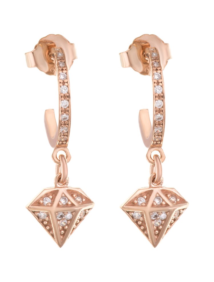 Σκουλαρίκια κρικάκια με κρεμαστό στοιχείο διαμάντι από ρόζ επιχρυσωμένο ασήμι με πέτρες ζιργκόν