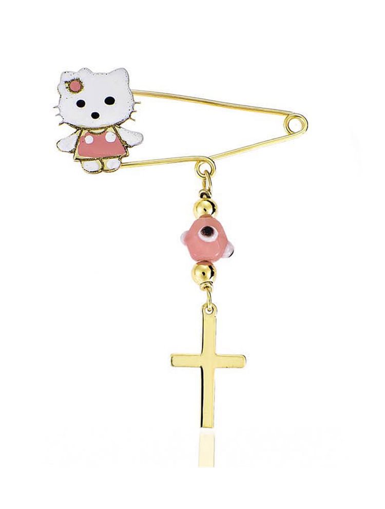 Χρυσή παραμάνα Κ9 φυλαχτό 9 καρατίων με την Hello Kitty και σταυρό