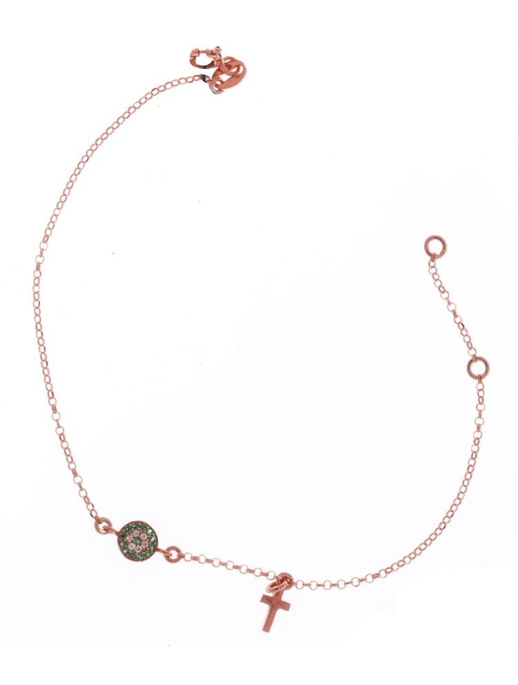 Διακριτικό βραχιόλι από ρόζ επιχρυσωμένο ασήμι με μάτι από πέτρες ζιργκόν και σταυρό κρεμαστό