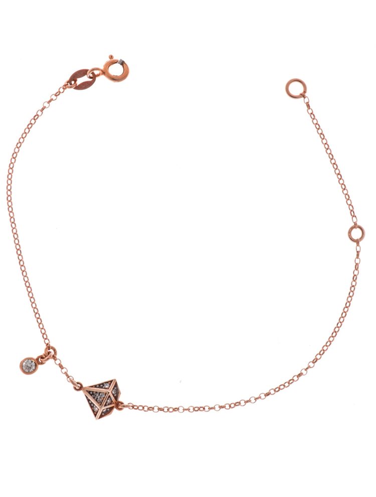 Διακριτικό βραχιόλι από ρόζ επιχρυσωμένο ασήμι με διαμάντι σχέδιο και πέτρες ζιργκόν με κρεμαστό στοιχείο