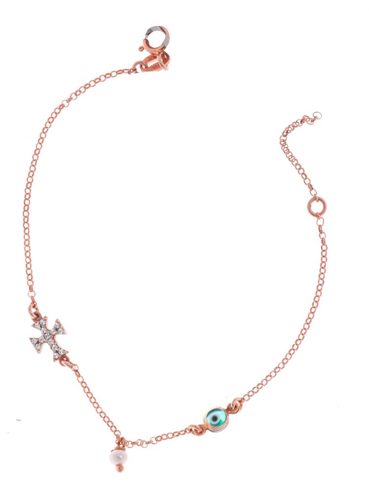 Βραχιόλι από ρόζ επιχρυσωμένο ασήμι με σταυρό και πέτρες ζιργκόν μαργαριτάρι και μάτι