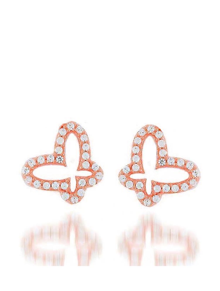 Διακριτικά σκουλαρίκια ρόζ χρυσά 9 καρατίων Κ9 με πέτρες ζιργκόν πεταλούδες