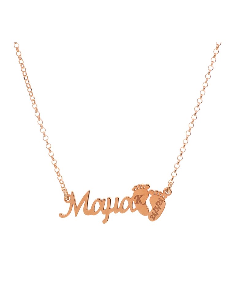 Κολιέ Μαμά και τις πατούσες του παιδιού με ημερομηνία γέννησης από ρόζ επιχρυσωμένο ασήμι