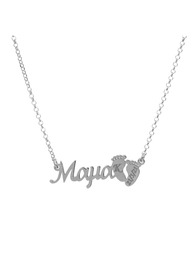 Κολιέ Μαμά και τις πατούσες του παιδιού με ημερομηνία γέννησης από ασήμι