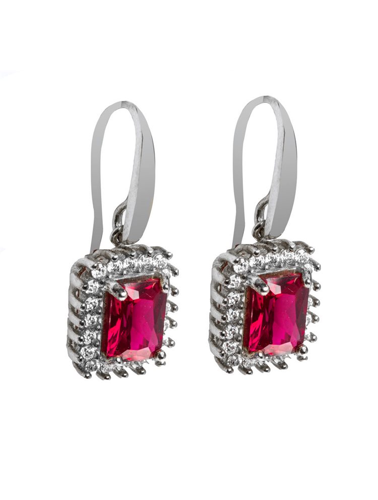 Εντυπωσιακά μακριά σκουλαρίκια ροζέτες από ασήμι με κόκκινη και λευκές καρφωμένες πέτρες ζιργκόν