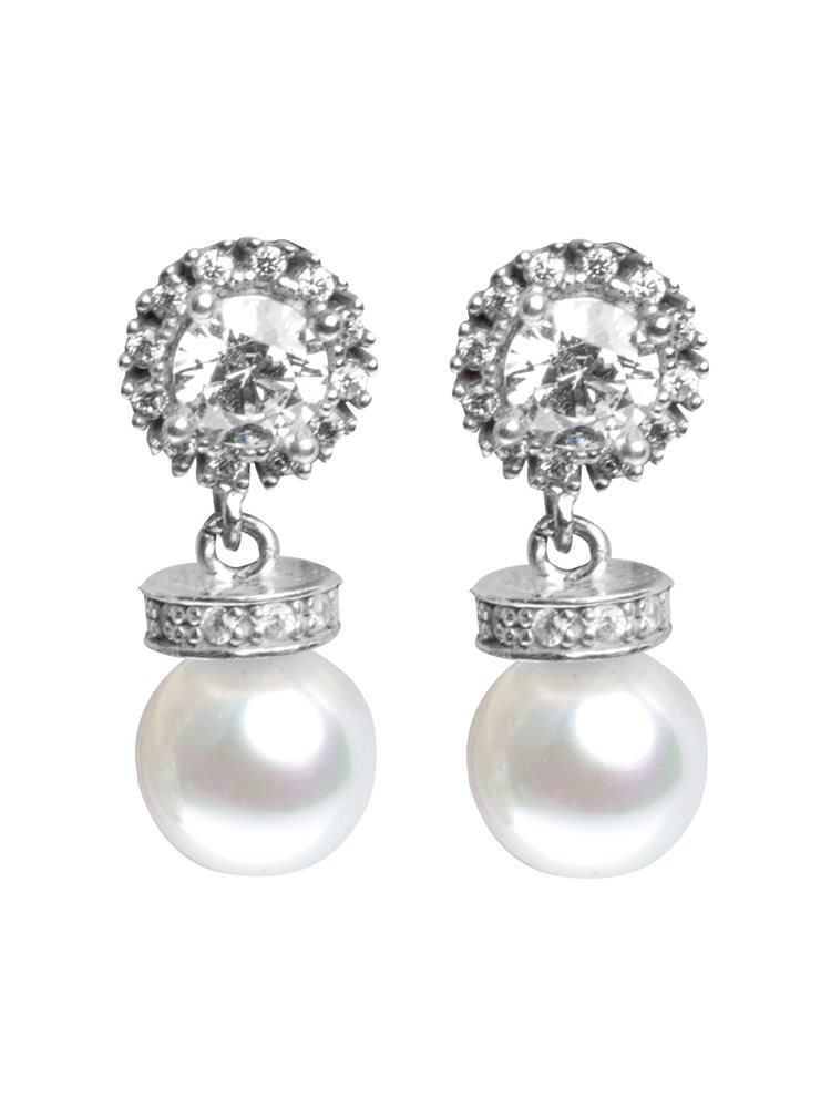 Εντυπωσιακά νυφικά σκουλαρίκια ροζέτες από ασήμι με λευκές πέτρες ζιργκόν και με πέρλες