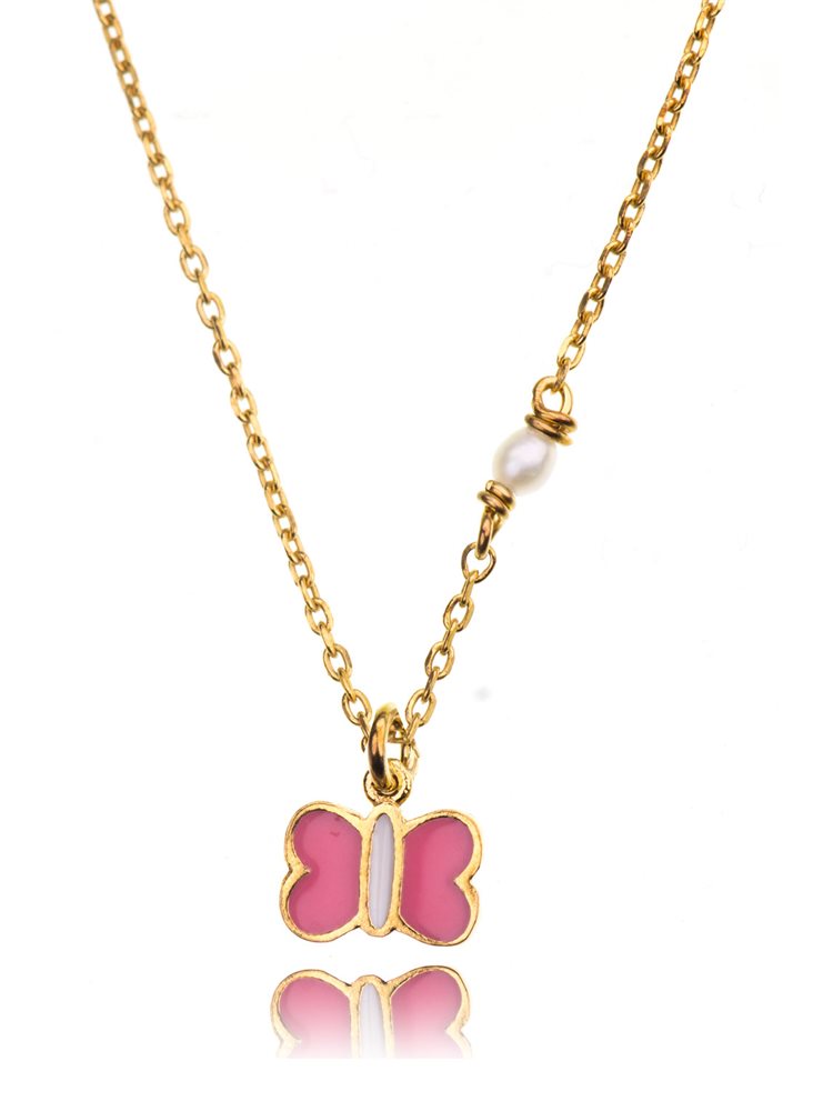 Παιδικό μοντέρνο κολιέ για κορίτσι από επιχρυσωμένο ασήμι 925 πεταλουδα με σμάλτο και μαργαριτάρι