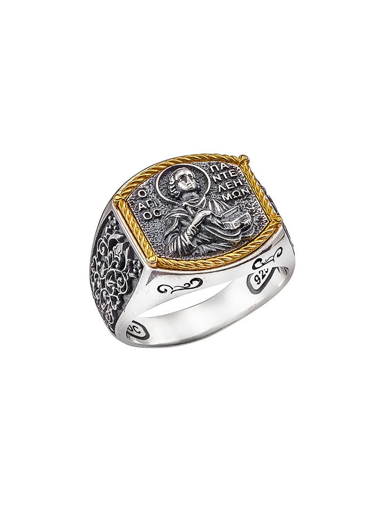 Ανδρικό δαχτυλίδι χειροποίητο από ασήμι 925 με τον Άγιο Παντελεήμωνα σε Κ24 επιχρύσωση ντουμπλέ