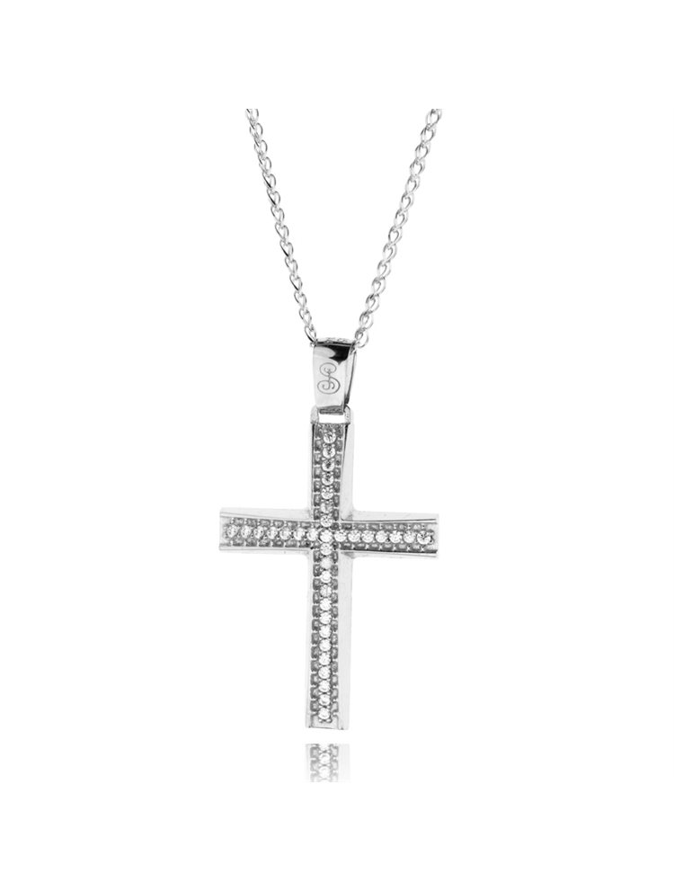 Χειροποίητος βαπτιστικός σταυρός 14 καρατίων μαζί με με την αλυσίδα του επίσης από λευκόχρυσό 14 καρατίων Κ14