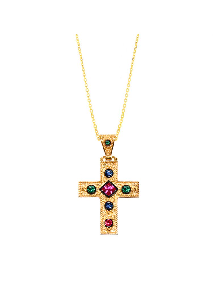Βυζαντινός Σταυρός από επιχρυσωμένο ασήμι 925 με πολύχρωμες πέτρες ζιργκόν