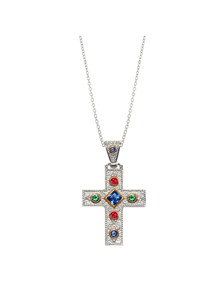 Βυζαντινός Σταυρός από ασήμι 925 με πολύχρωμες πέτρες ζιργκόν