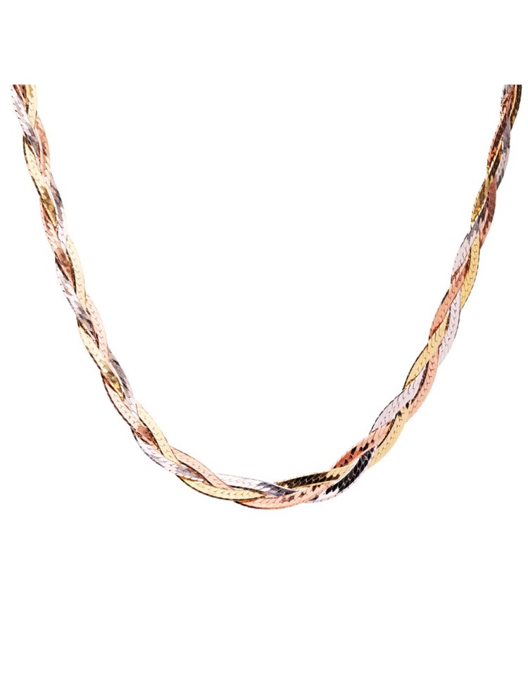 Εντυπωσιακό κολιέ πλεκτό Paraxenies αλυσίδα τρίχρωμη 3 σειρη από ρόζ- χρυσό χρυσο και ασήμι 925