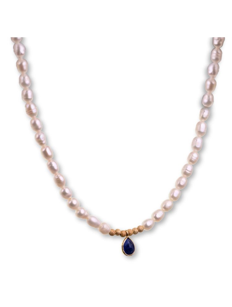 Μαργαριταρένιο κολιέ Paraxenies και από ημιπολύτιμη πέτρα lapis lazuli σε επιχρυσωμένο ασήμι 925