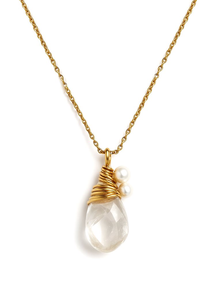 Κολιέ από Ασήμι 925 Επιχρυσωμένο με Φυσικό Κρύσταλλο & Μαργαριτάρια