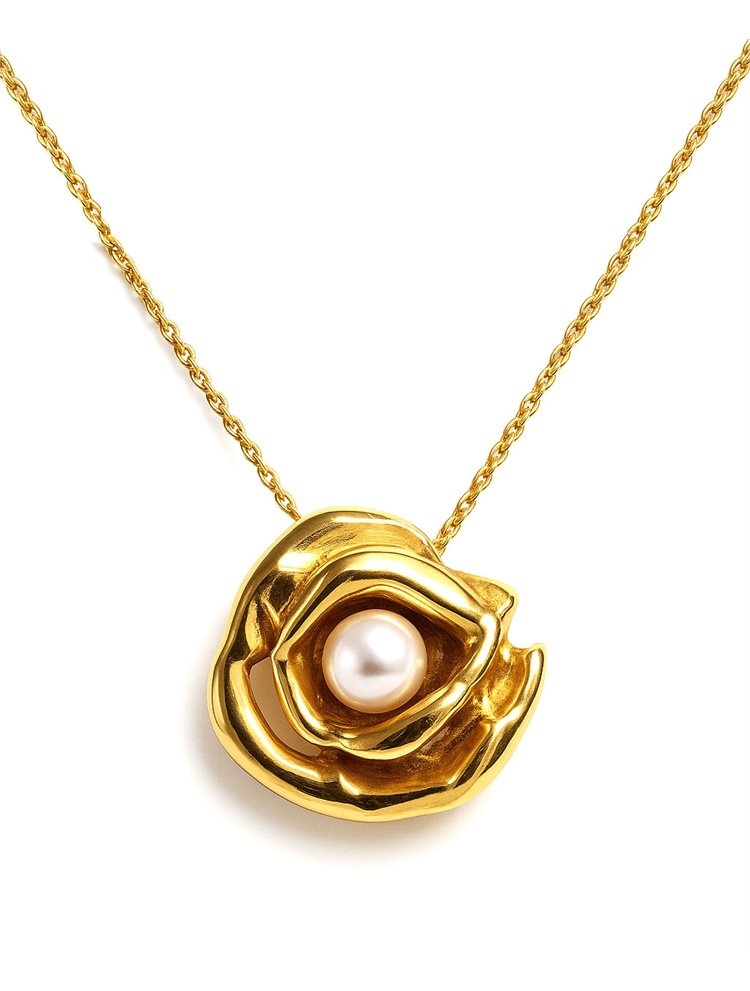 Κολιέ από Ασήμι 925 Επιχρυσωμένο με Μαργαριτάρι σε Σχέδιο Λουλουδιού
