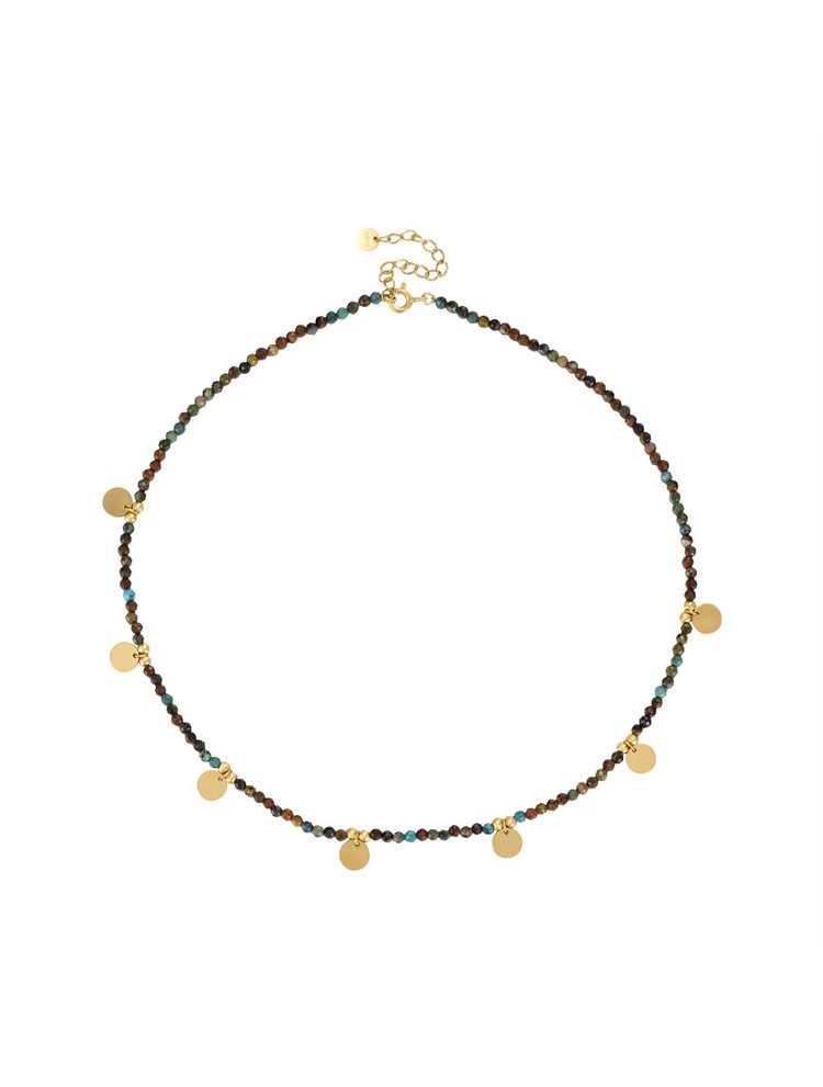 Κολιέ επιχρυσωμένο ασήμι 925 με χάντρες αφρικανικού τυρκουάζ και δίσκους από επιχρυσωμένο ασήμι