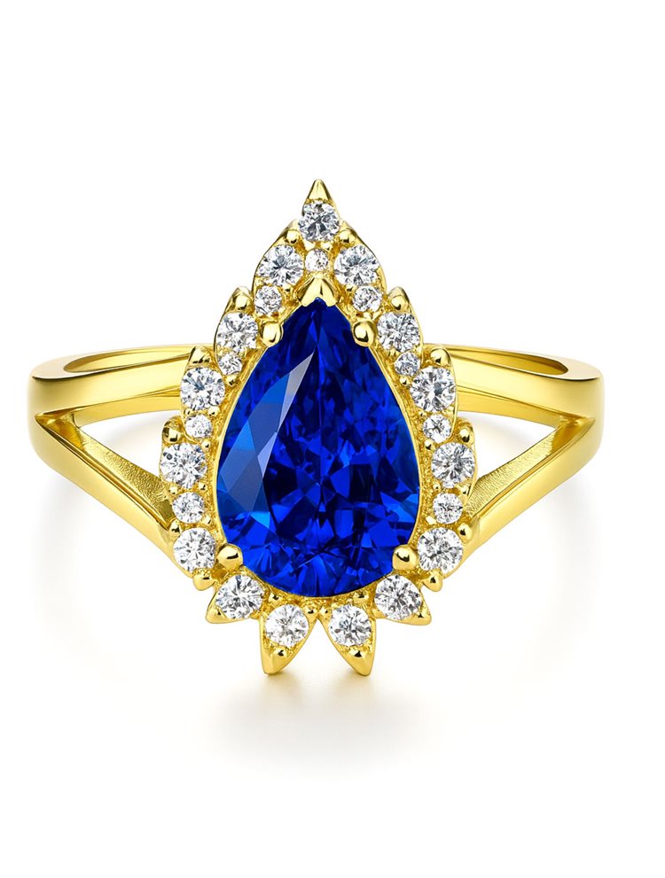 Δαχτυλίδι Ασήμι 925 Επιχρυσωμένο με Μπλε Δάκρυ και Λευκά Ζιρκόν