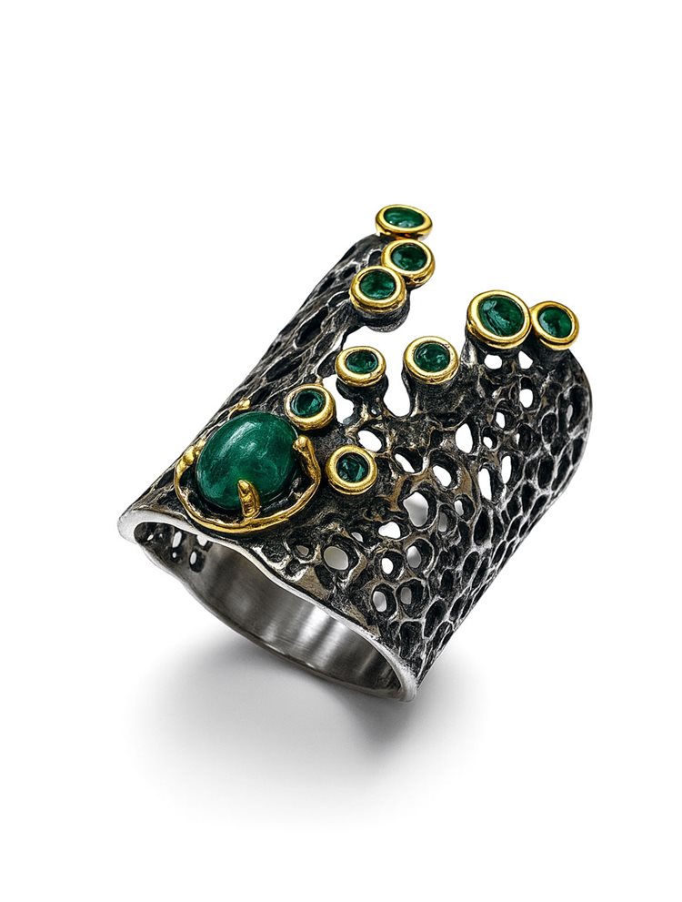 Δαχτυλίδι Ασήμι 925 Οξειδωμένο με πράσινες Πέτρες αχάτη και ζιργκόν και Κίτρινη Επιχρύσωση