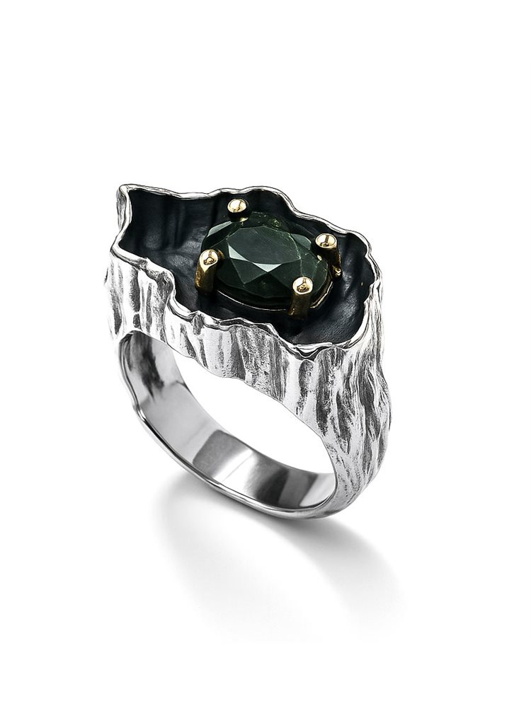 Δαχτυλίδι Ασήμι 925 με Πράσινη Πέτρα και Επιχρυσωμένες Λεπτομέρειες