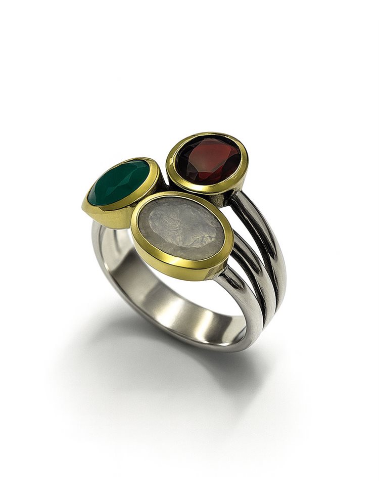 Δαχτυλίδι Ασήμι 925 Επιχρυσωμένο με Φεγγαρόπετρα, Γρανάτη και Πράσινο Ονυχα