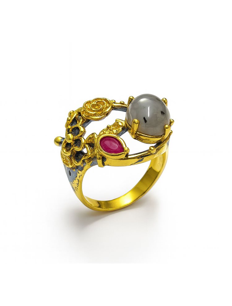 Δαχτυλίδι Επιχρυσωμένο Ασήμι 925 με αχάτη και ρουτίλιο