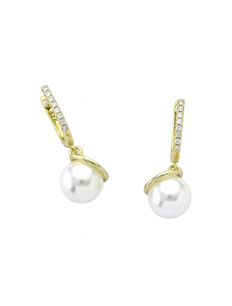 Σκουλαρίκια μίνι κρίκος σε ασήμι 925 με στρογγυλές πέτρες ζιργκόν και μία πέρλα