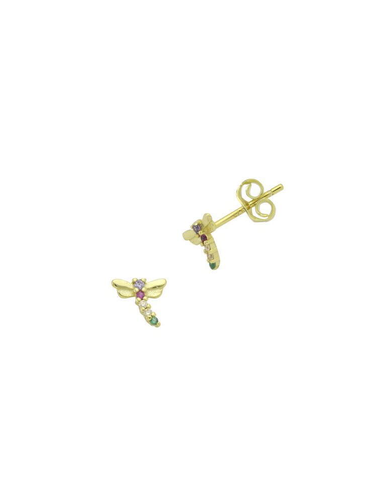 Σκουλαρίκια λιβελούλα σε επιχρυσωμένο ασήμι 925 με χρωματιστές και λευκές πέτρες ζιργκόν