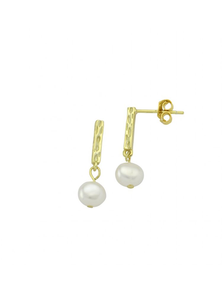 Σκουλαρίκια σφυρήλατη μπάρα σε επιχρυσωμένο ασήμι 925 με κρεμαστή πέρλα