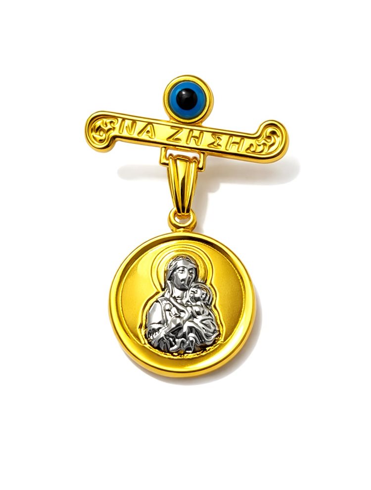Παιδικό φυλαχτό παραμανά από επιχρυσωμένο ασήμι 925 διπλής όψης με την Παναγία και πίσω κωνσταντινάτο