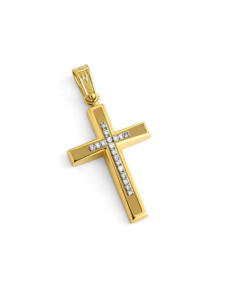 Σταυρός Βάπτισης Χρυσός Κ14 με Λευκές Πέτρες Ζιργκόν διπλής όψης με την βάπτιση