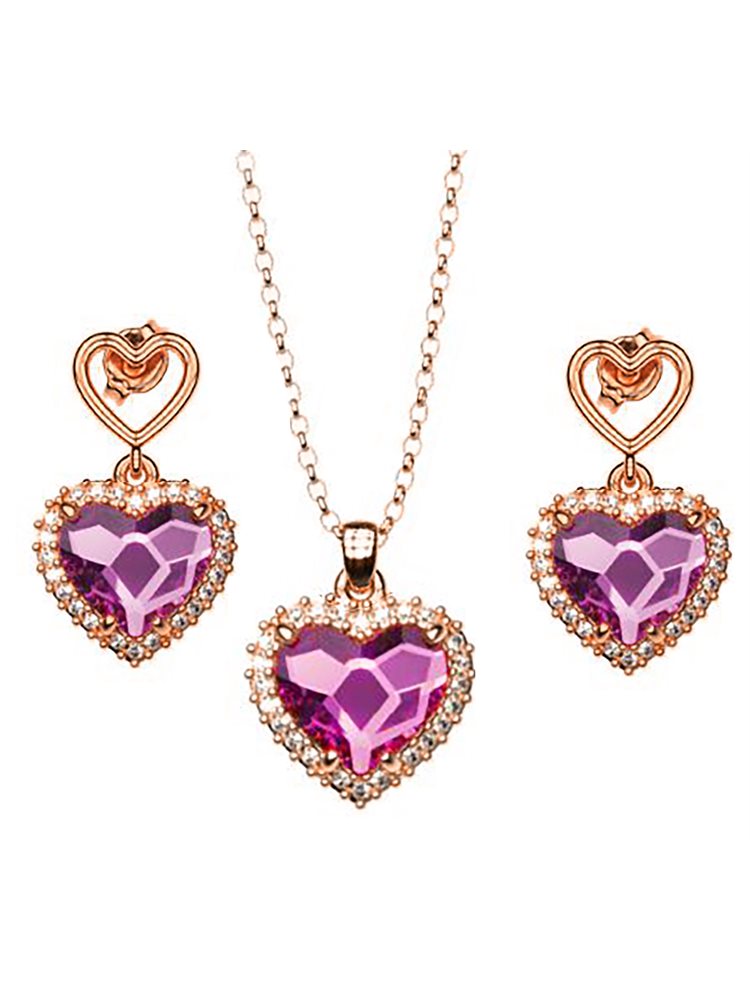 Σέτ κολιέ και σκουλαρίκια συλλογή Love καρδιές από ρόζ επιχρυσωμένο ασήμι με πέτρες EUROPEAN CRYSTALS