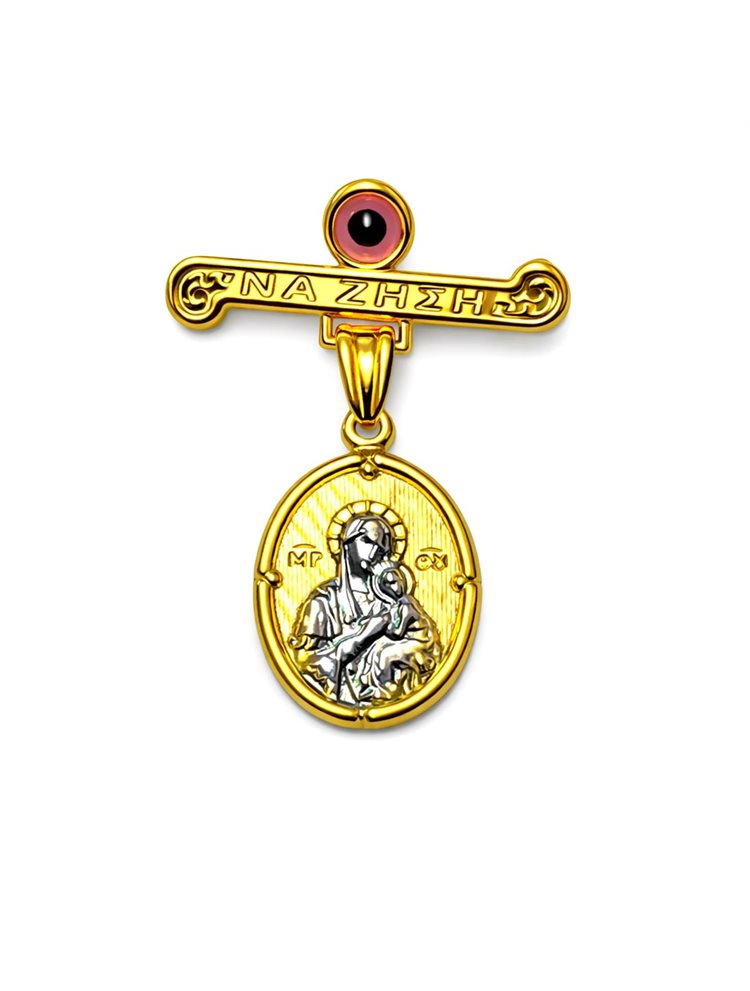 Παιδικό φυλαχτό παραμανά από επιχρυσωμένο ασήμι 925 διπλής όψης με την Παναγία και πίσω κωνσταντινάτο